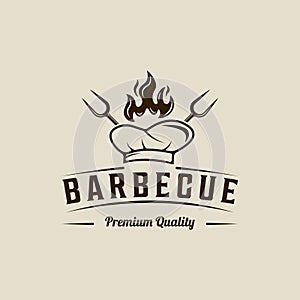 barbecue logo vintage vector illustration template icon graphic design. BBQ grill with flame chef hat spatula and fork sign or