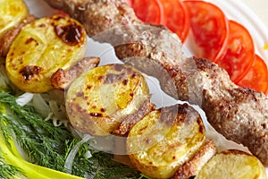 Barbecue Lula Kebab with minced meat, fresh vegetables and greens