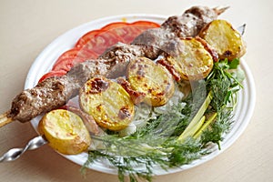 Barbecue Lula Kebab with minced meat, fresh vegetables and greens