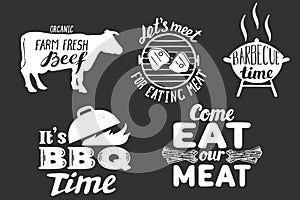 Barbecue meat quotes vector labels badges set