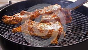 Barbecue meat roasting on brazier grill outdoors