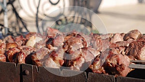 Barbecue meat on skewers, beautifully browned meat on the grill. A pork meat on the grill in the spring garden. Cooking