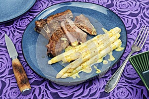 Barbecue meat steak with white asparagus