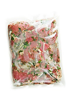 Barbecue meat in vacuum marinade bag