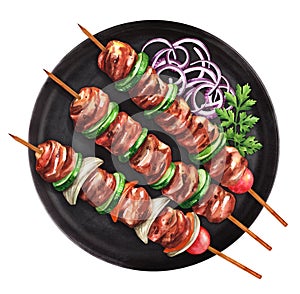 Barbecue meat on wooden skewers on a plate. Watercolor illustration
