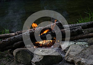 Barbecue in nature. Preparing the fire. Wood fire