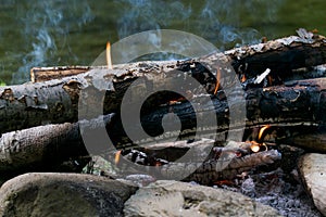 Barbecue in nature. Preparing the fire. Wood fire