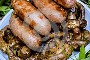 Barbecue on the nature in summer mushrooms meat sausages kebab grill lies on a plate on the grass