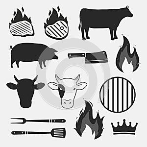 Barbecue objects set isolated on white background. Animal silhouettes, fire flames and grill items. vector design elements.