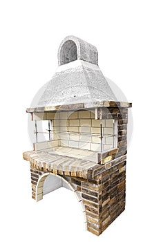 Barbecue Open Fireplace For Cookout Food. Outdoor BBQ Grill. Open Summer Kitchen. Barbeque Grill Made From Bricks On The