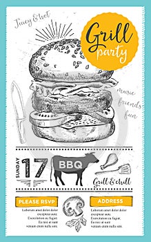 Barbecue party invitation. BBQ template menu design. Food flyer.