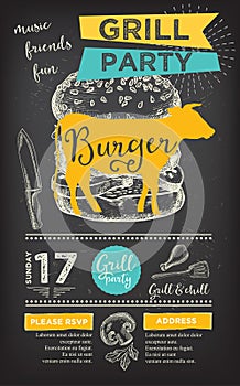 Barbecue party invitation. BBQ template menu design. Food flyer.