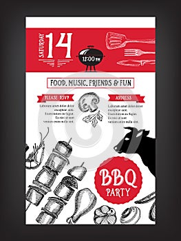 Barbecue party invitation. BBQ template menu design. Food flyer.