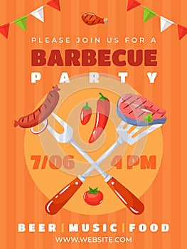 Barbecue party invitation. Grilled sausage and salmon steak, summer bbq event, cooking outdoor, family and friends