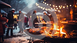 Barbecue party outdoors in winter