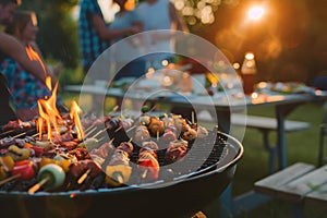 Barbecue party with people in the background, grilled steak, grilled meat and vegetables, summer party, barbecue in the garden,