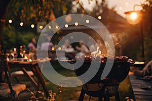 Barbecue party with people in the background, grilled steak, grilled meat and vegetables, summer party, barbecue in the garden,