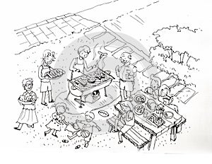 Barbecue party at the yard illustration