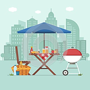 Barbecue with Picnic Table on City Background