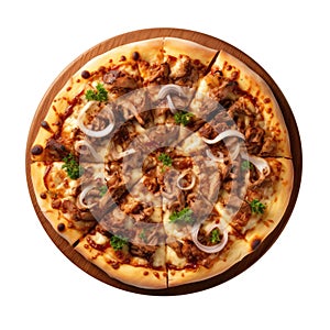 Barbecue Pork Pizza On Round Wooden Board Plate On White Background Directly Above View photo