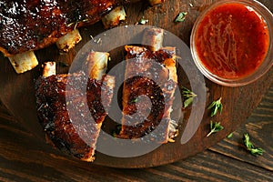 Barbecue pork ribs on cutting board