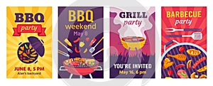Barbecue posters. BBQ party invitations for summer outdoor picnic in park or back yard with food on grill. Cookout event photo