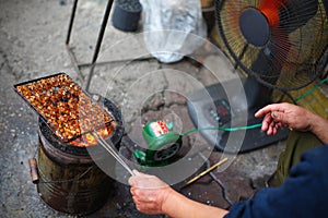 Barbecue at the roadside, grilling pork