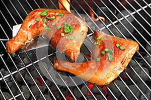 Barbecue Roast Chicken Quarters On The Hot Charcoal Grill