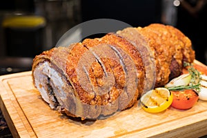 Barbecue Roast crispy skin pork ham. slice chief