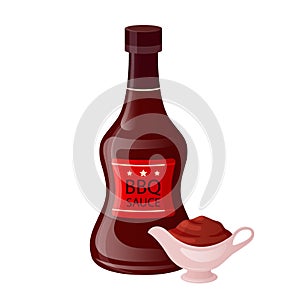 Barbecue sauce in bottle with bowl cup. Bbq condiment in sauceboat in cartoon style. Fast food packaging template