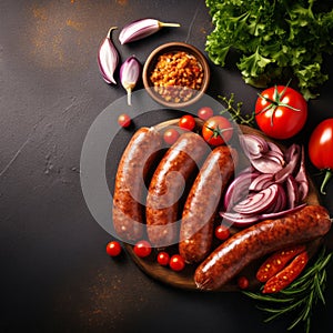 Barbecue sausage on plate, fresh tomatoes and garlic, top view