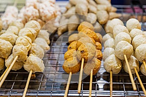 Barbecue set of balls of fish and meat selective background