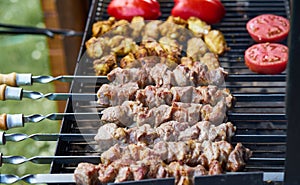 Barbecue shashlik kebab with winglets and tomatoes with roasted pepper in chargrill semifinished on skewer side view closeup
