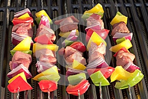 Barbecue. Shish kebab with grilled peppers and onion, on hot grill