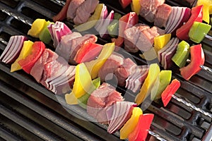 Barbecue. Shish kebab with grilled peppers and onion, on hot grill