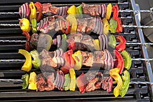 Barbecue. Shish kebab with grilled peppers and onion, on hot grill