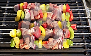Barbecue. Shish kebab with peppers, onion, on hot grill