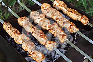 Barbecue skewers with meat on the brazier. Chicken shish kebab