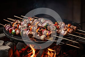 Barbecue skewers meat kebabs with vegetables on flaming grill. Ai generative