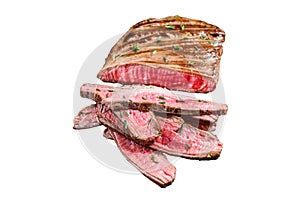 Barbecue sliced flank beef meat steak Isolated on white background, top view.