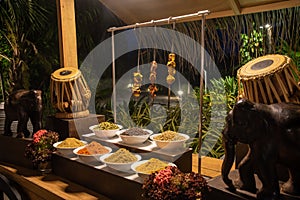 Barbecue and species during the international cuisine dinner outdoors setup at the island restaurant