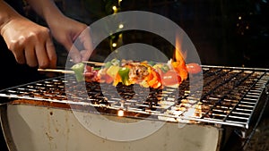 Barbecue Spicy fire on the  flaming grill.Grilled vegetable,pork and chicken skewers with bell peppers.Dinner party barbecue and