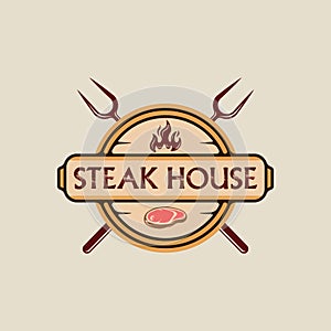 barbecue steak logo emblem vector illustration template icon graphic design. BBQ grill with flame and meat fork sign or symbol for