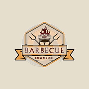 barbecue steak logo emblem vector illustration template icon graphic design. BBQ grill with flame and meat fork sign or symbol for