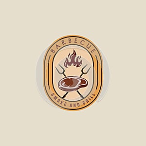 barbecue steak logo emblem vector illustration template icon graphic design. BBQ grill with flame and meat fork sign or symbol for