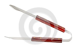 Barbecue tongs isolated on white. Steel, stainless grill tongs with wooden handle. Close up