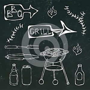 Barbecue Tools: BBQ Fork, Tongs, Grill with Meat, Fire, Beer Bottle, Can, Ketchup, Herbs. on a Black Chalkboard