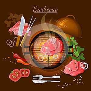 Barbecue top view grilled meat vector illustrati