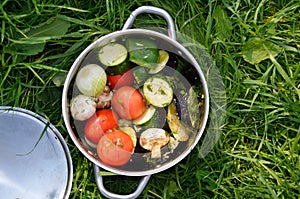 Barbecue vegetables eggplant, marrow, tomato, champignon, peppers inside the pan