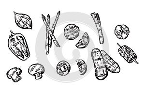 Barbecue vegetables grill set sketch on white background